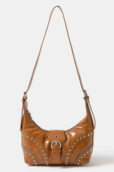 Fame Faux Leather Studded Trim Shoulder Bag Caramel One Size OutfitFlow
