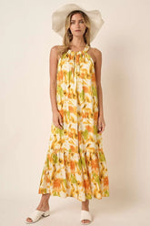 Mittoshop Watercolor Print Halter Neck Satin Maxi Dress ORANGE OutfitFlow