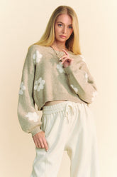 Davi & Dani Floral Drop Shoulder Cropped Sweater Tan OutfitFlow