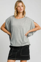 Umgee Exposed Seam Round Neck Batwing Sleeve Knit Top Gray OutfitFlow