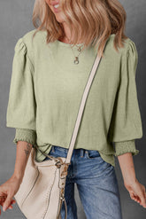 Textured Round Neck Three-Quarter Sleeve Blouse Sage S OutfitFlow