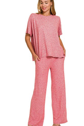 Zenana Soft Melange Short Sleeve Tee & Long Pants Set DK RED OutfitFlow
