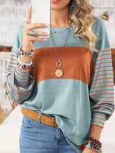 Striped Color Block Long Sleeve T-Shirt Turquoise OutfitFlow