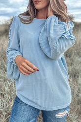 Frill Texture Round Neck Long Sleeve Sweatshirt Pastel Blue OutfitFlow