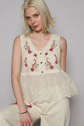 POL Embroidered Detail V-Neck Eyelet Peplum Tank Cream One Size OutfitFlow