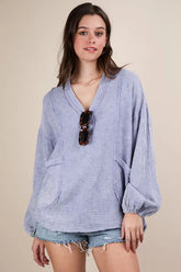 VERY J Plus Size Washed Cotton Gauze Oversized Top Blue OutfitFlow