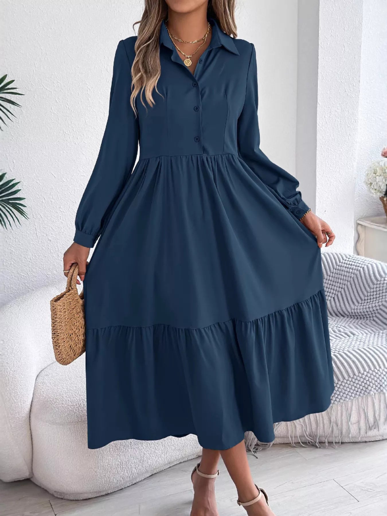 Long Sleeve Tiered Button Front Midi Dress Navy Blue OutfitFlow