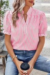 Stripe Notched Neck Frilled Short Puff Sleeve Blouse Stripe OutfitFlow