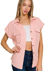 Zenana Tencel V-neck Collared Top W Front Flap Pockets LT ROSE OutfitFlow