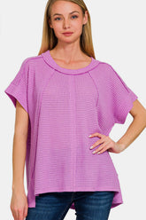 Zenana Waffle Exposed-Seam Short Sleeve T-Shirt Lavender OutfitFlow