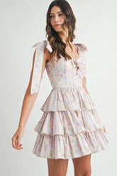 MABLE Floral Print Shoulder Tie Layered Mini Dress Pink OutfitFlow