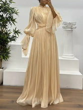Pleated Mock Neck Long Sleeve Maxi Dress Apricot OutfitFlow