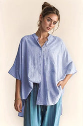 Davi & Dani Rhinestone Pleat Back Short Sleeve Loose Fit Shirt Blue OutfitFlow