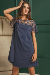 BiBi Crochet Lace Yoke Detailed Wrinkled Dress DEEP NAVY OutfitFlow