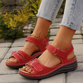 PU Leather Wedge Buckle Sandals Red OutfitFlow