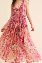 Frill Printed V-Neck Midi Dress Multicolor OutfitFlow