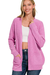 Zenana Melange Open Front Sweater Cardigan MAUVE OutfitFlow