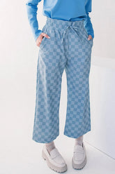 Checkered Elastic High Waist Loose Casual Pants Light Blue OutfitFlow