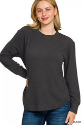 Zenana Full Size Raised Rib Round Neck Long Sleeve Top Plus Size BLACK OutfitFlow
