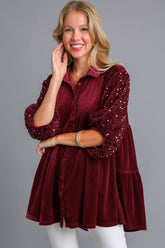 Umgee Sequin Detail Tiered Back Half Sleeve Shirt Wine OutfitFlow