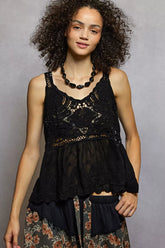 POL V-Neck Crochet Tank with Floral Embroidery Detail Black One Size OutfitFlow
