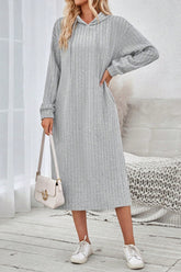 Side Slit Drawstring Long Sleeve Hooded Dress Light Gray OutfitFlow