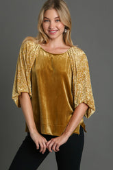 Umgee Round Neck Leopard Balloon Sleeve Velvet Top Mustard OutfitFlow