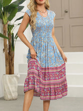 Printed Round Neck Cap Sleeve Dress Light Blue OutfitFlow