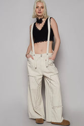POL Raw Hem Studded Knee Patches Cargo Overalls Cream OutfitFlow