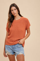 Annie Wear Round Neck Short Sleeve Sweater Terracotta OutfitFlow