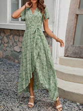 Printed Surplice Maxi Dress with Flutter Sleeves Green OutfitFlow