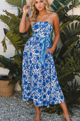 Floral Printed Spaghetti Strap Maxi Dress with Waist Tie Blue OutfitFlow