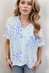 Leopard Print V Neck Short Sleeve Blouse Light Blue OutfitFlow