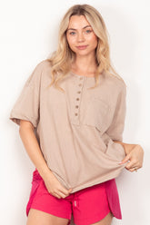 VERY J Twisted Sleeve Band Half Button Top Taupe OutfitFlow