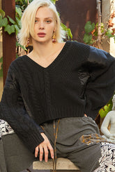 POL Cable Knit Quilting Patch V-Neck Sweater Black OutfitFlow