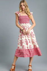 Umgee Printed Smocked Midi Dress with Ruffle Details Deep Rose OutfitFlow
