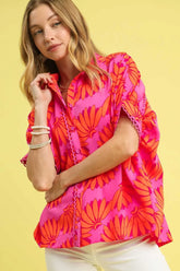 Umgee Printed Button-Up Relaxed Shirt Hot Pink OutfitFlow