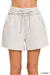 Zenana Acid Wash Fleece Drawstring Shorts With Pockets LT CEMENT OutfitFlow