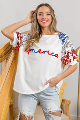 BiBi America Letter Applique Spangle Puff Sleeves Top OFF WHITE OutfitFlow