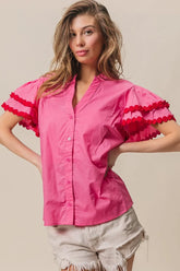 BiBi Dot Trim Flutter Sleeve Notched Top FUCHSIA RED OutfitFlow