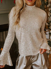 Sequin Mock Neck Bell Sleeve Top White OutfitFlow