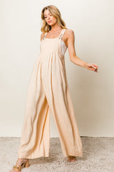 BiBi Texture Sleeveless Wide Leg Jumpsuit Oatmeal OutfitFlow