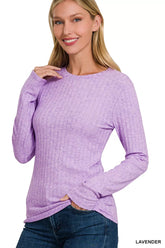 Zenana Ribbed Long Sleeve Round Neck T-Shirt LAVENDER OutfitFlow