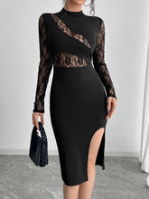 Lace Mock Neck Slit Dress Black OutfitFlow
