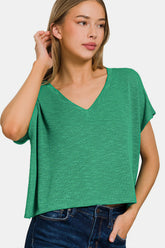Zenana V-Neck Short Sleeve T-Shirt Green OutfitFlow