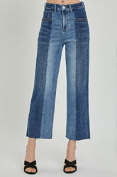 RISEN Full Size Mid-Rise Waist Two-Tones Jeans with Pockets Dark Combo OutfitFlow