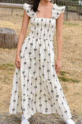 Bow Print Smocked Square Neck Ruffle Tiered Maxi Dress White OutfitFlow