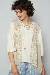 POL Lace-Up Hooded T-Shirt with Paisley Panel Detail Cream OutfitFlow