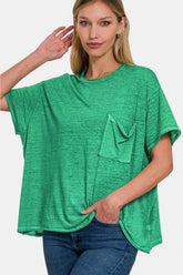 Zenana Pocketed Round Neck Dropped Shoulder T-Shirt Green OutfitFlow