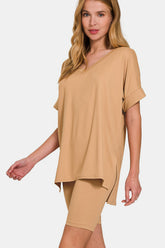 Zenana V-Neck Short Sleeve T-Shirt and Biker Shorts Set Dk Brush OutfitFlow